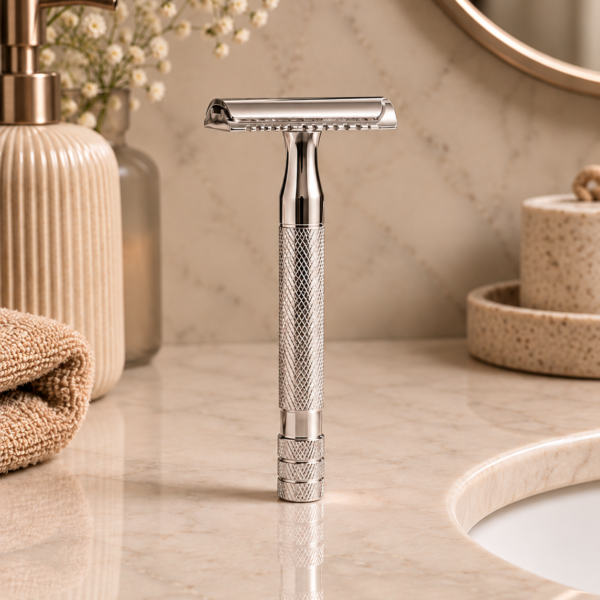 Retro safety razor, bright silver