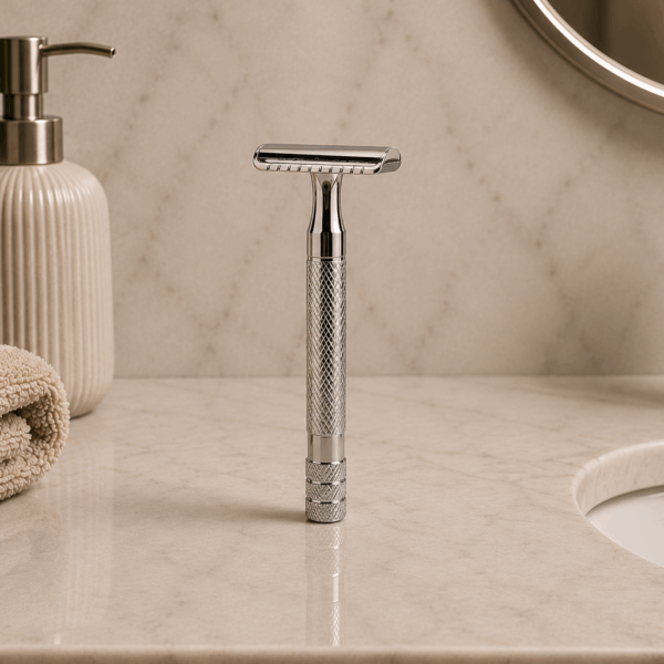 Retro safety razor, bright silver